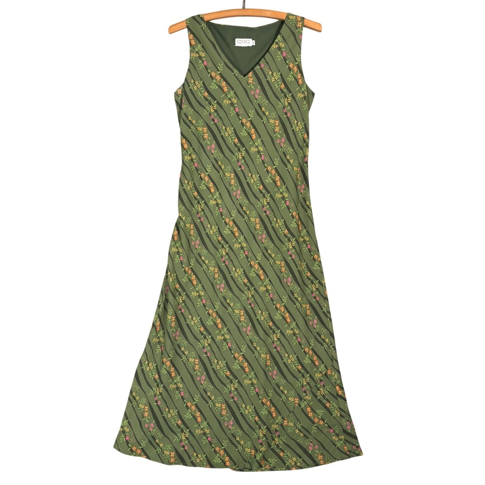 VTG CDC Petites Olive Green Chiffon Floral Striped Sleeveless Maxi Dress Fits S